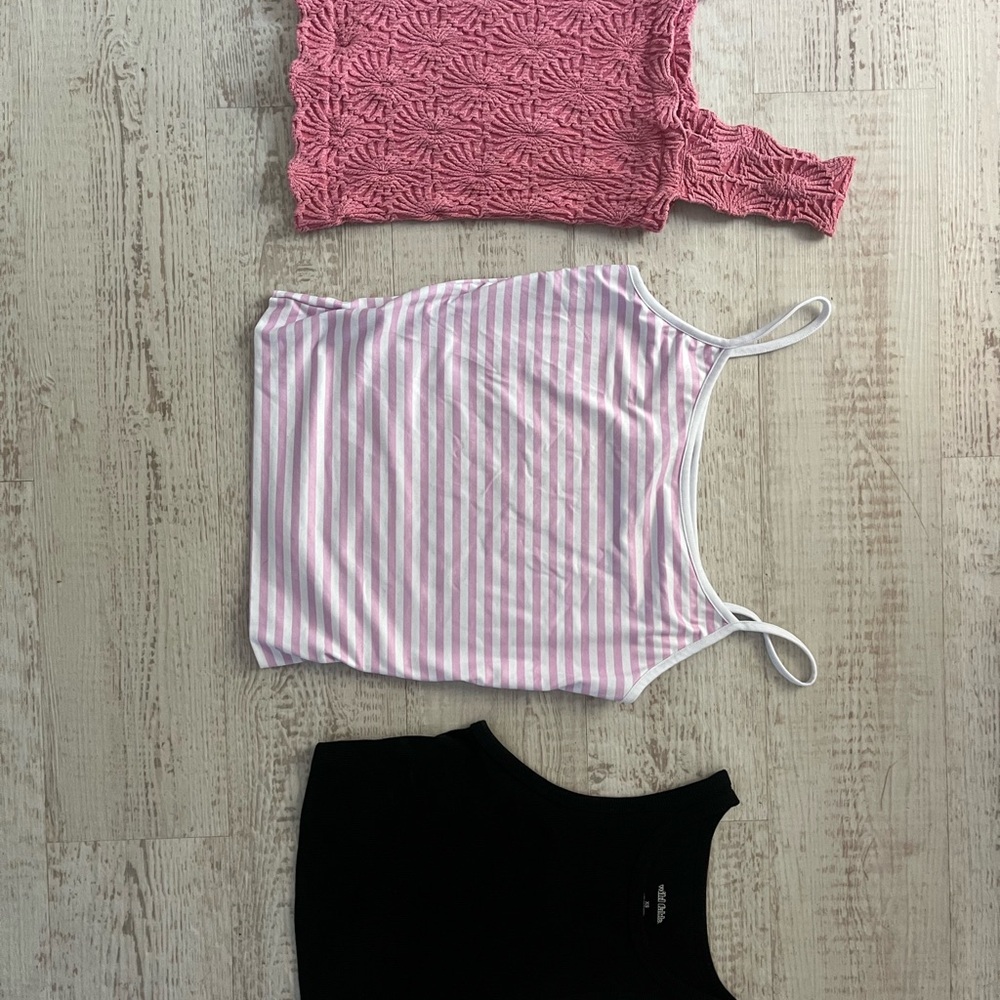 Pink Crochet Top, Striped Tank, Black Crop Top Set